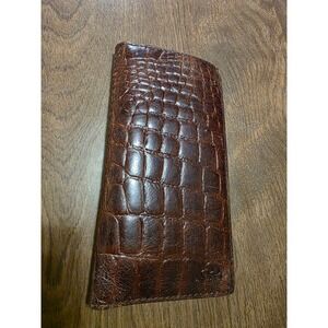 Mens Brown Top Grain Leather Crocodile Embossed Long Bifold Wallet ID Window